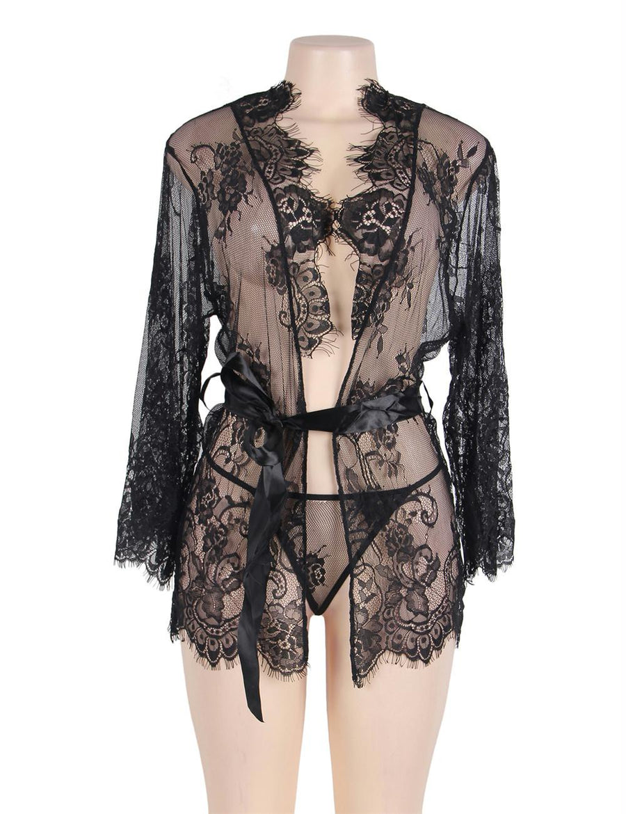 Black Belted Lace Kimono Sleepwear