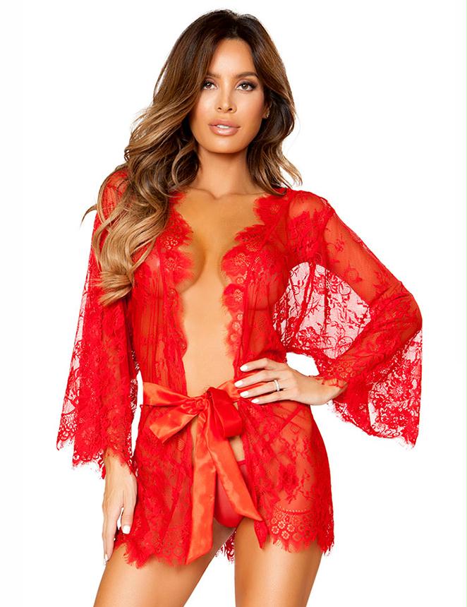 Red Belted Lace Eyelash Sleepwear Gown