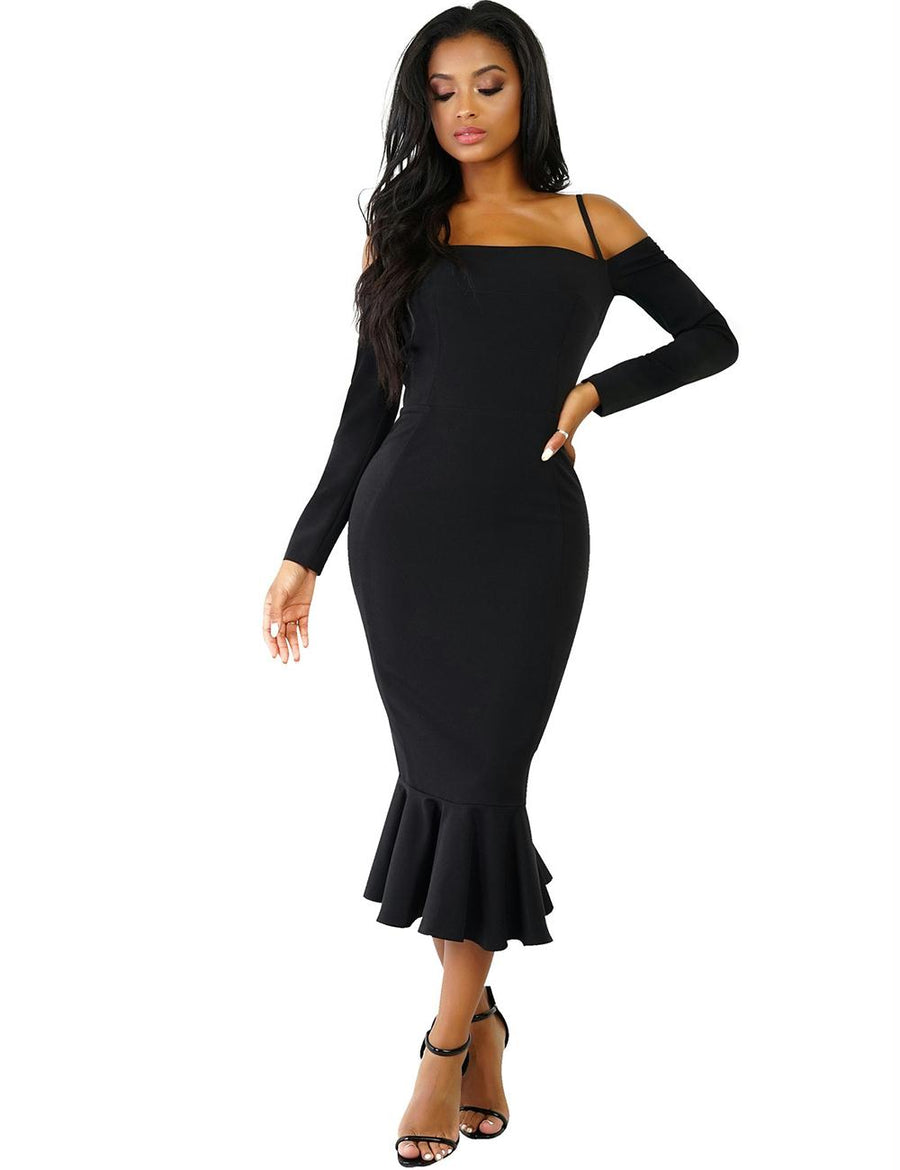 Ruffle Off-Shoulder Midi Black Bodycon Dress