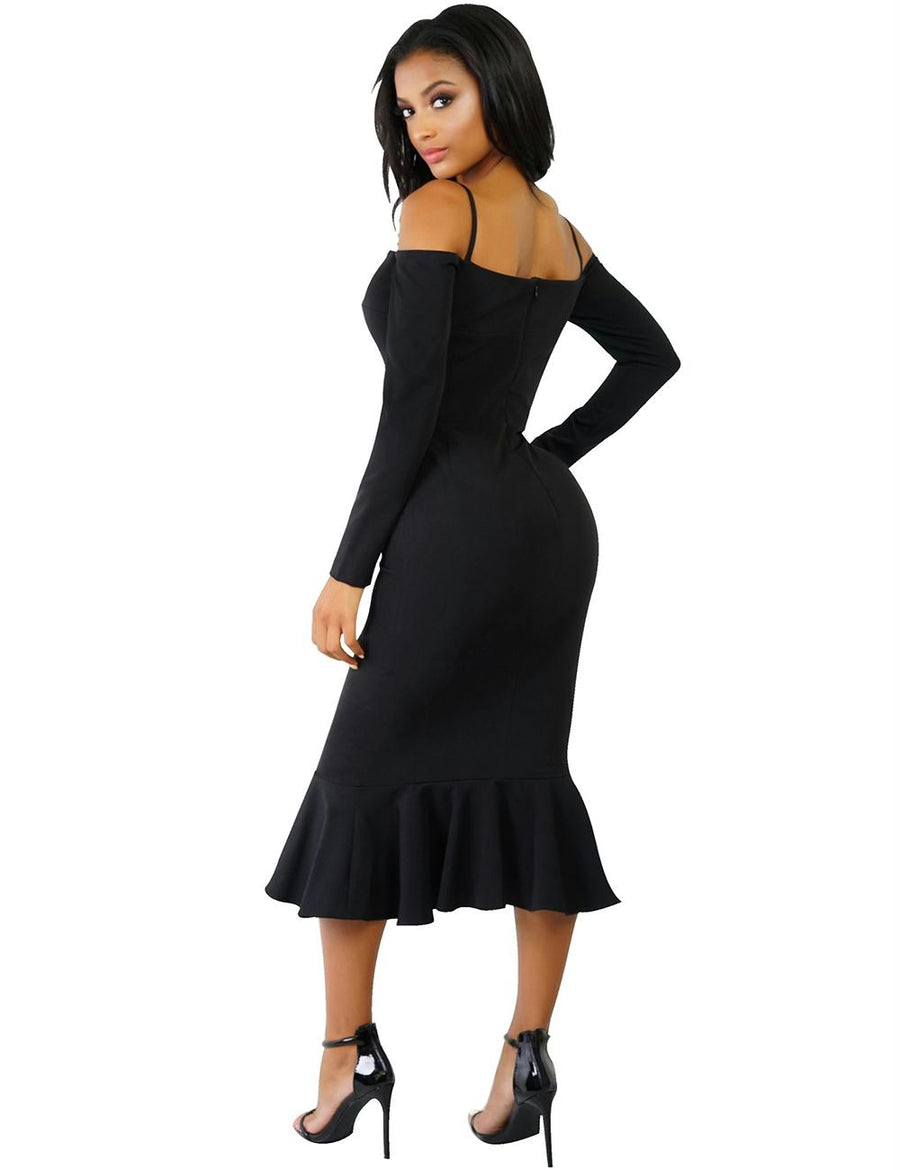 Ruffle Off-Shoulder Midi Black Bodycon Dress