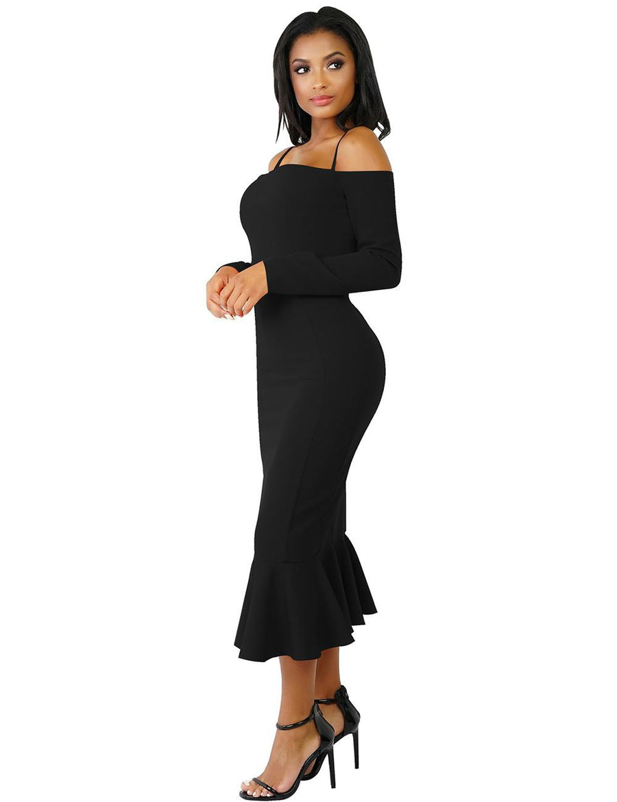 Ruffle Off-Shoulder Midi Black Bodycon Dress