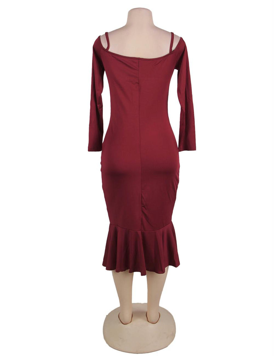 Ruffle Off-Shoulder Midi Dark Red Bodycon Dress