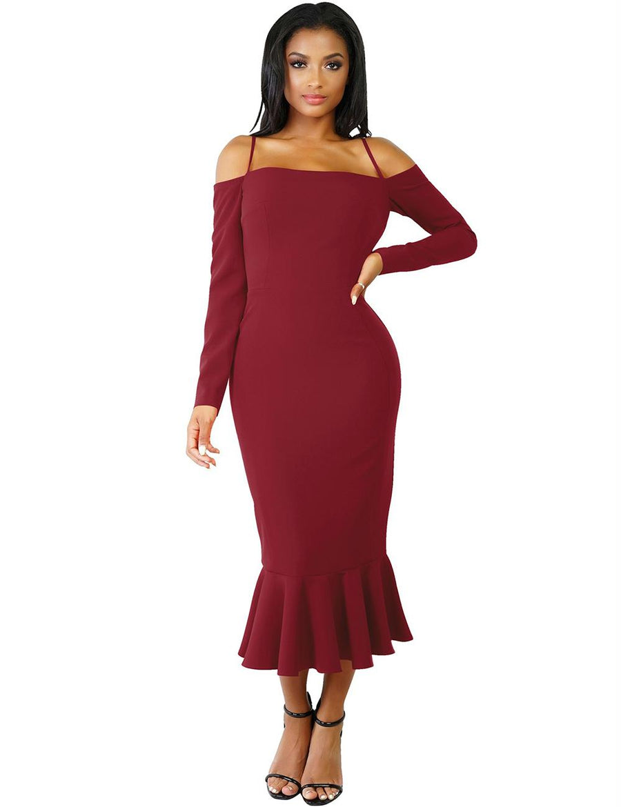 Ruffle Off-Shoulder Midi Dark Red Bodycon Dress