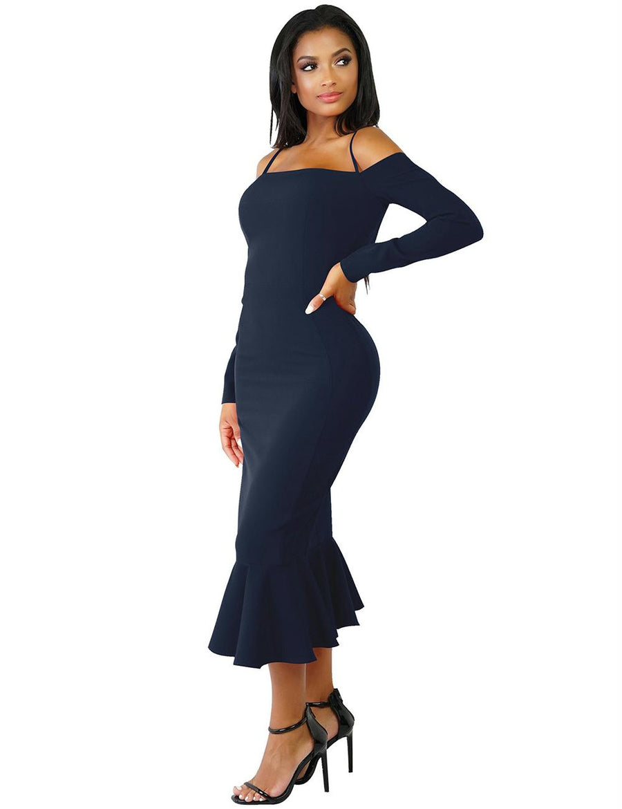 Ruffle Off-Shoulder Midi Dark Blue Bodycon Dress