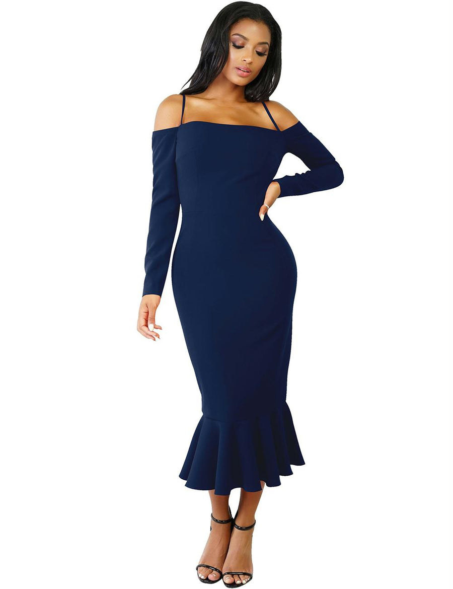 Ruffle Off-Shoulder Midi Dark Blue Bodycon Dress