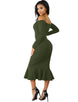 Ruffle Off-Shoulder Midi Dark Green Bodycon Dress