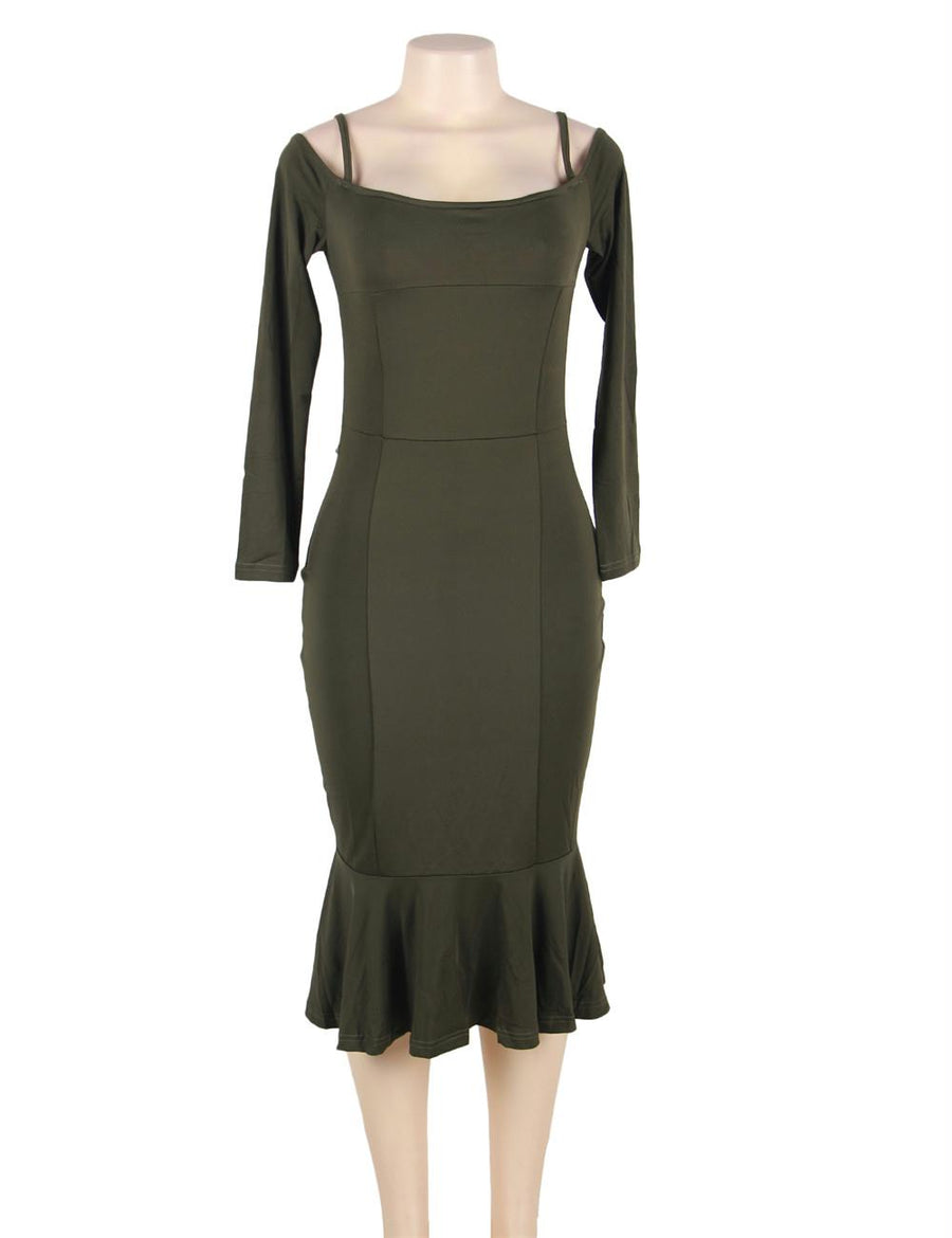 Ruffle Off-Shoulder Midi Dark Green Bodycon Dress