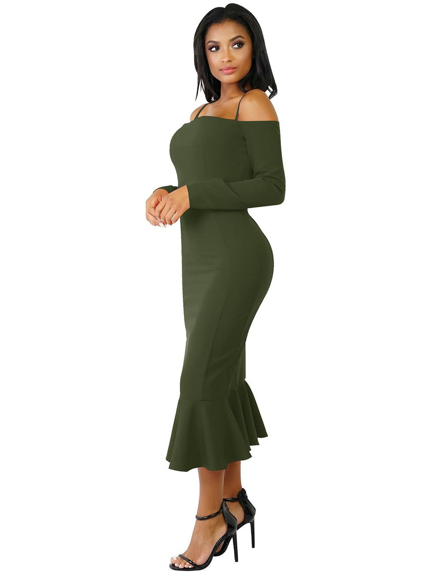 Ruffle Off-Shoulder Midi Dark Green Bodycon Dress