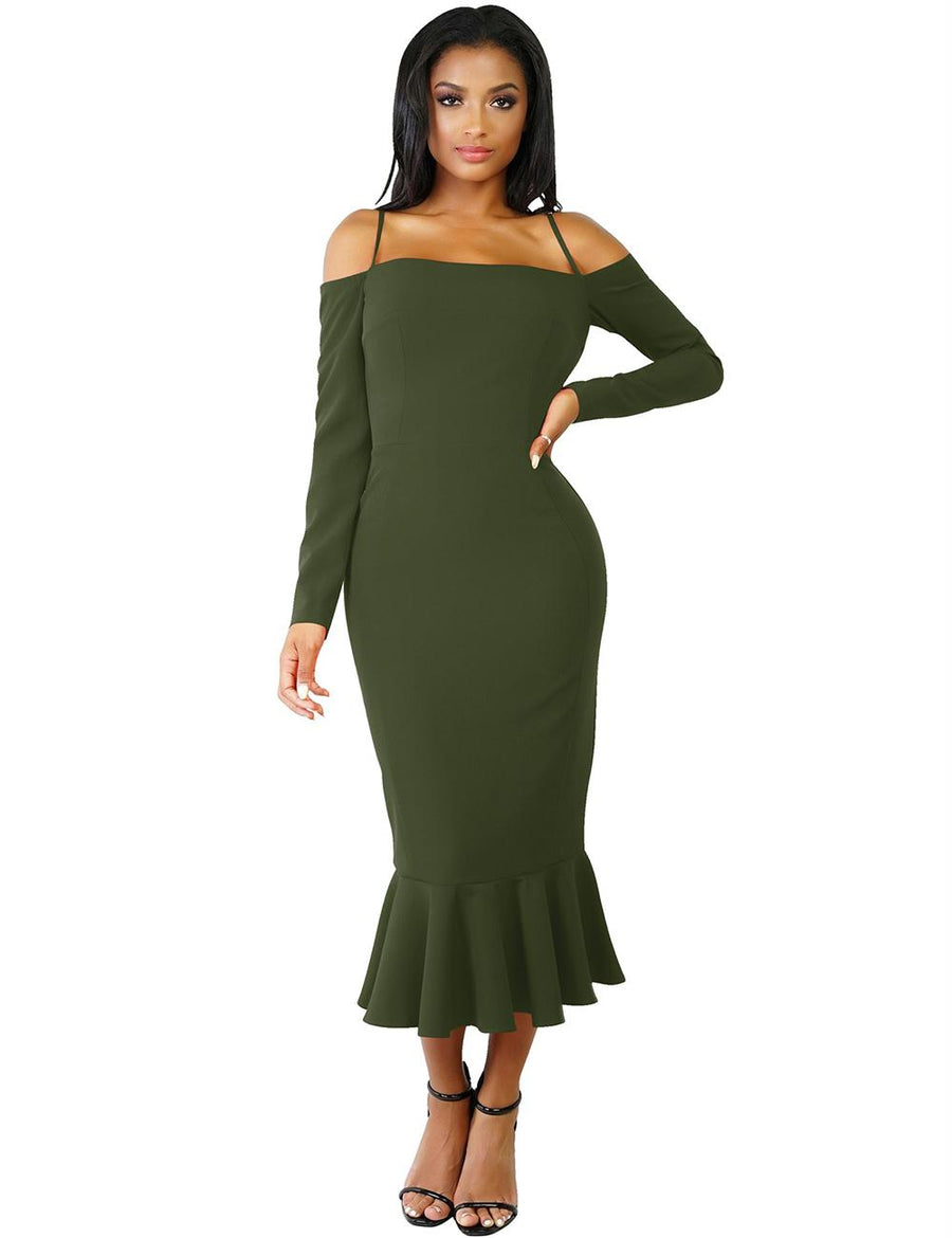 Ruffle Off-Shoulder Midi Dark Green Bodycon Dress