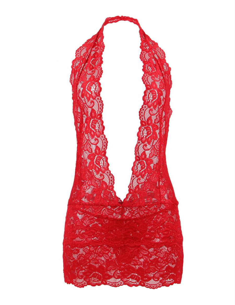 Plus Size Valentine's Day Red lace Deep V Collar Chemise Dress