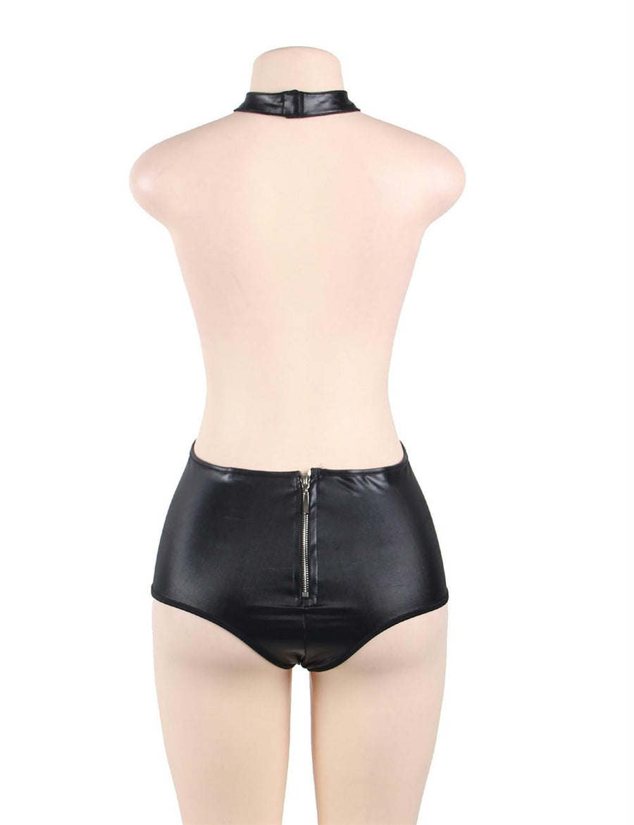 Black Leather Choker Neck Teddy