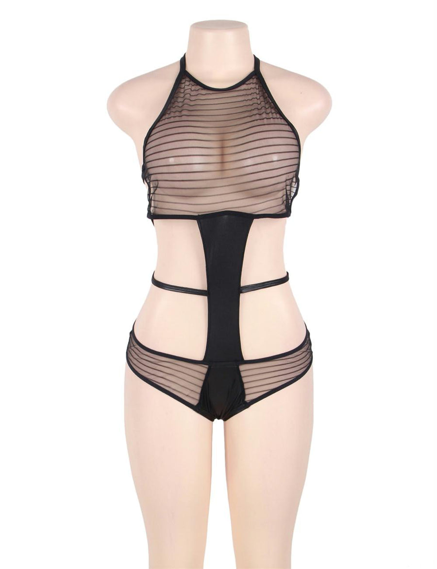 Black Backless Striped Lace Teddy