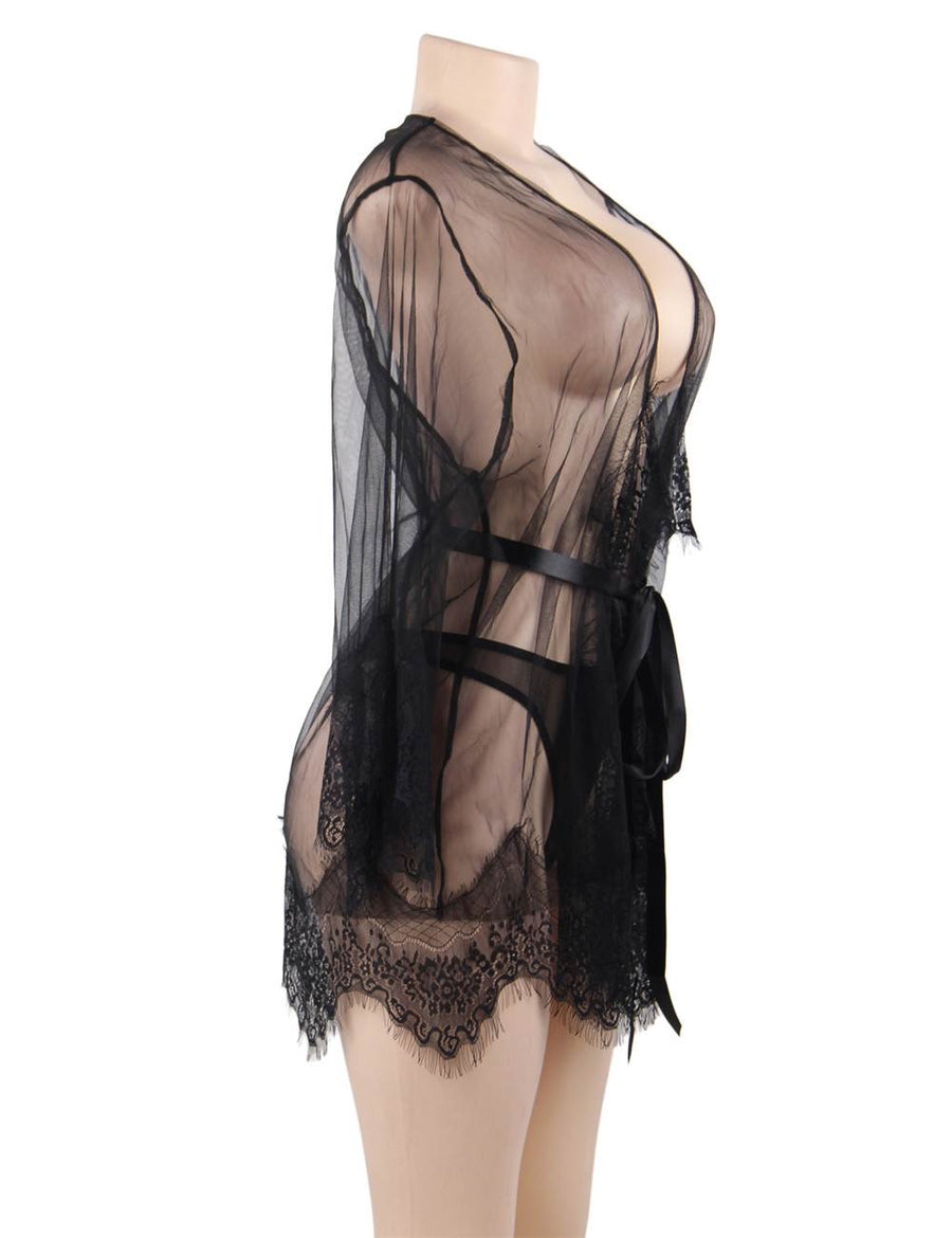 Black Sexy Lace Transparent Pajamas Underwear Set