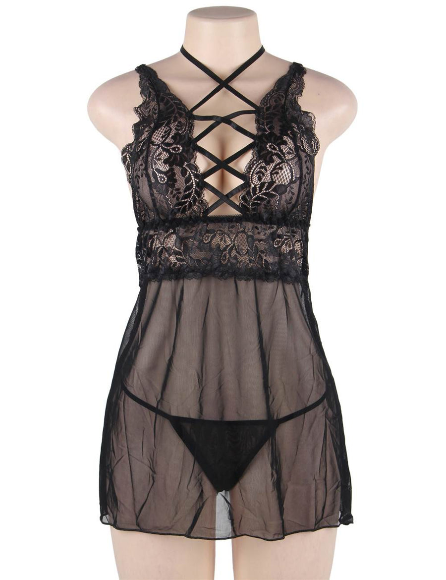 Plus Size Elegant Black Lace straps Backless Babydoll Set