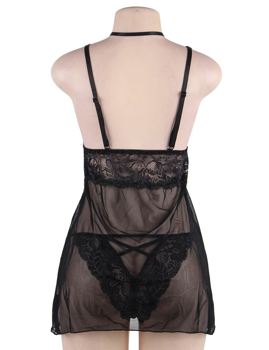 Plus Size Elegant Black Lace straps Backless Babydoll Set