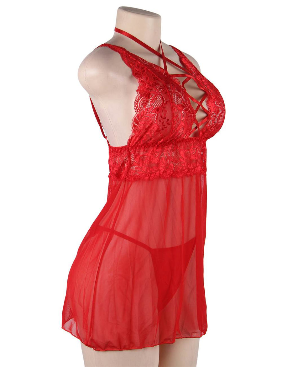 Plus Size Elegant Red Stretch Lace Straps Backless Chemise