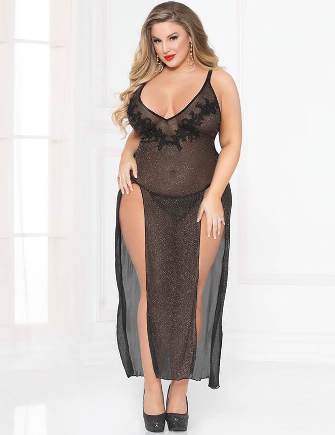 Plus Size Black Long Sheer Gauze Temptation Sexy Nightgown for Curvy Figures