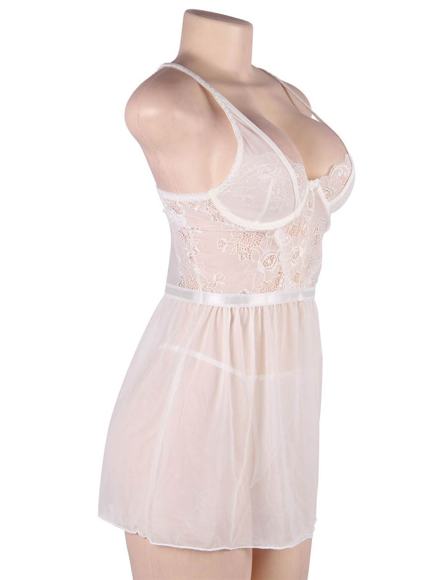 Plus Size Elegant White Lace Straps Backless Babydoll Set With Steel Ring