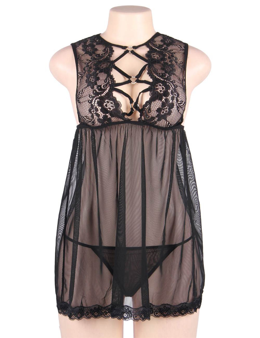 Plus Size Elegant Black Lace straps Backless Babydoll Set