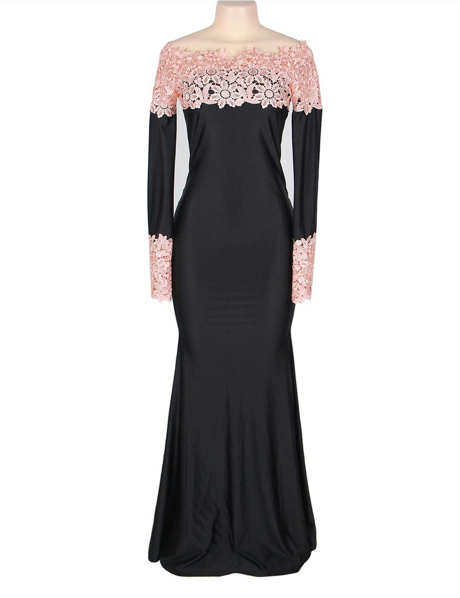 Boat Neck Pink Lace Evening Gown