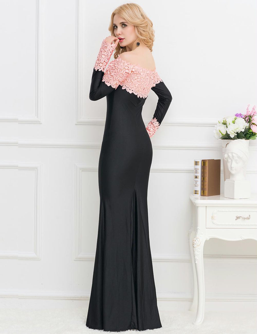 Boat Neck Pink Lace Evening Gown