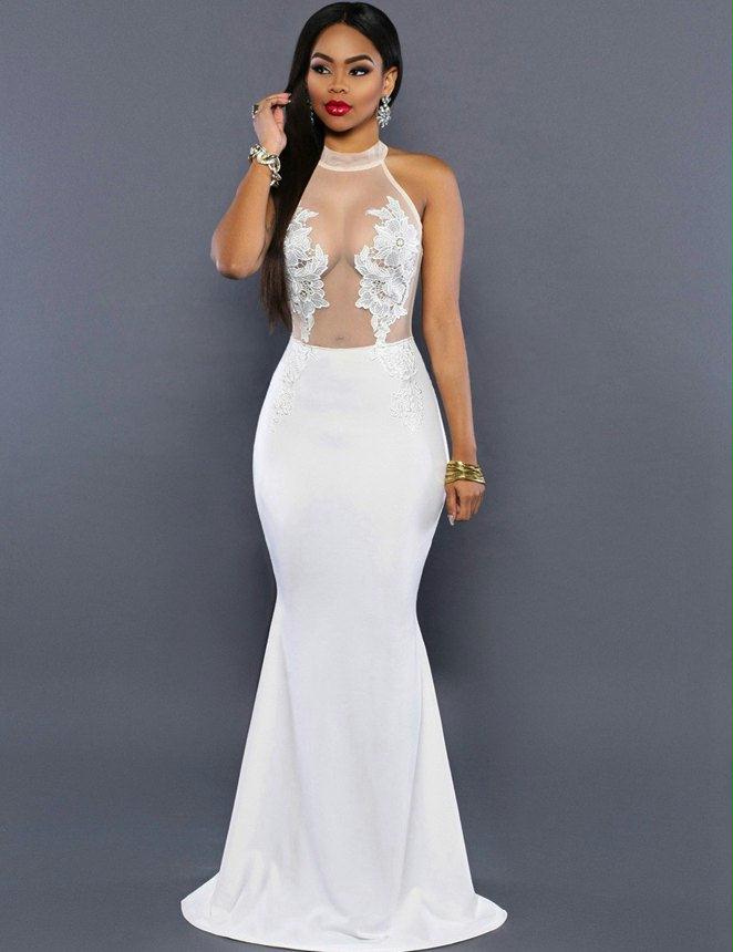 White Transparent Mesh  Applique Maxi