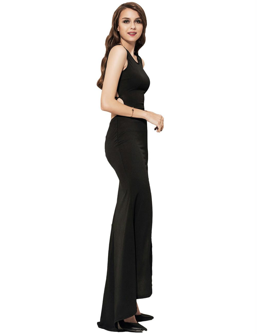 Black Simple Straps Backless Slit Party Gown