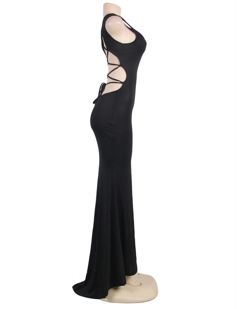 Black Simple Straps Backless Slit Party Gown