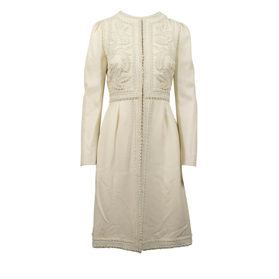 Wool Embroidered Trim Long Blazer Coat - Ivory