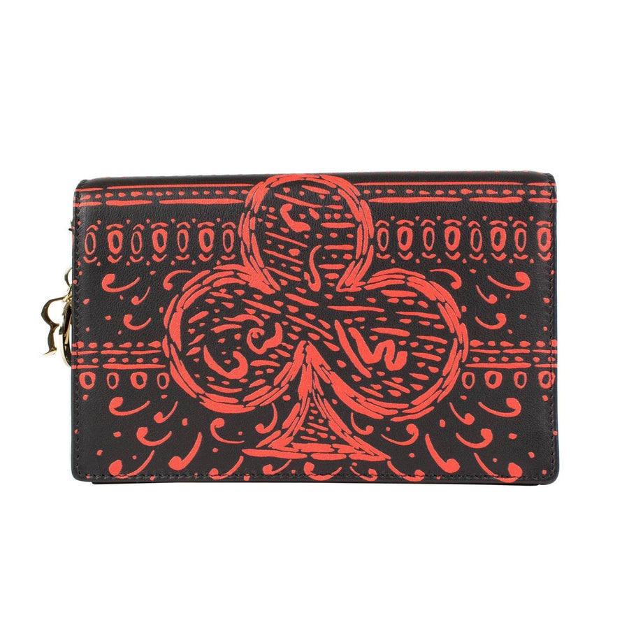 Leather Printed Heart Lady Dior Pouch Wallet - Red / Black