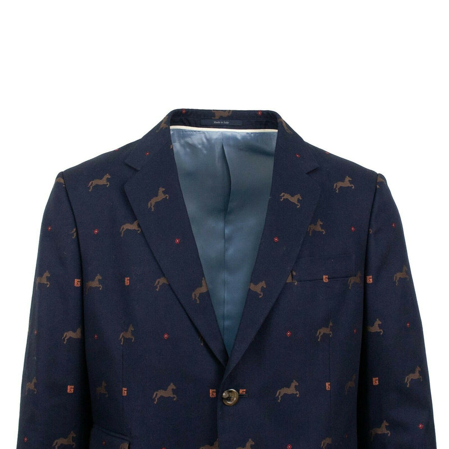 Cambridge Horse Pattern Gabardine Blazer Jacket - Blue