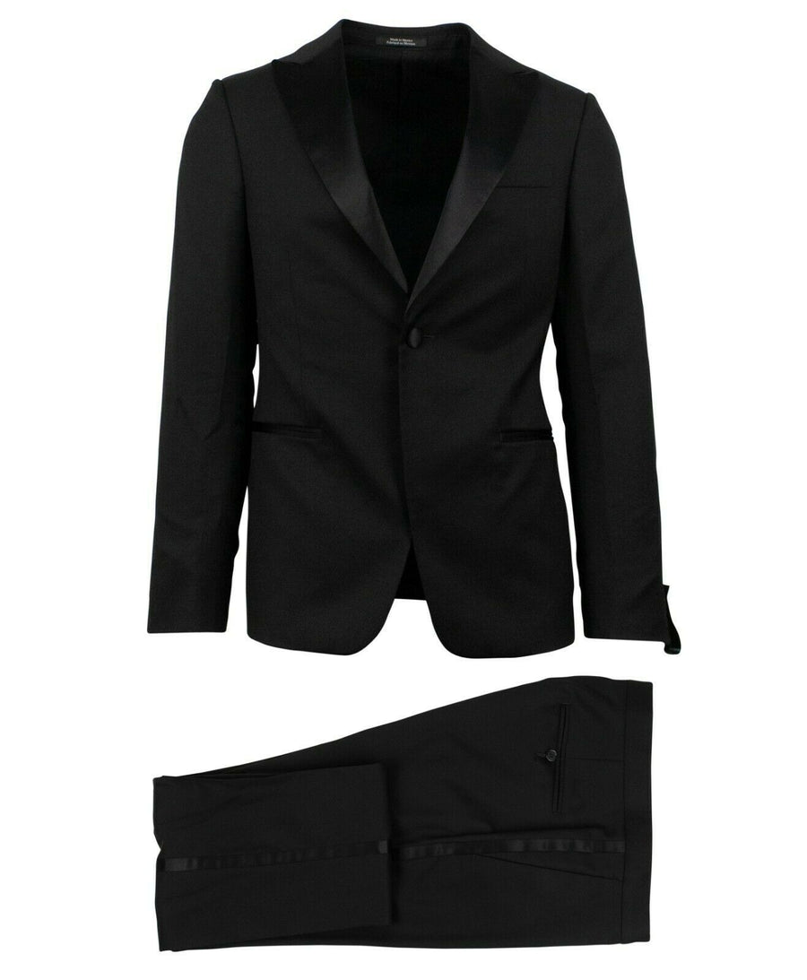 Wool One Button Tuxedo Suit - Black