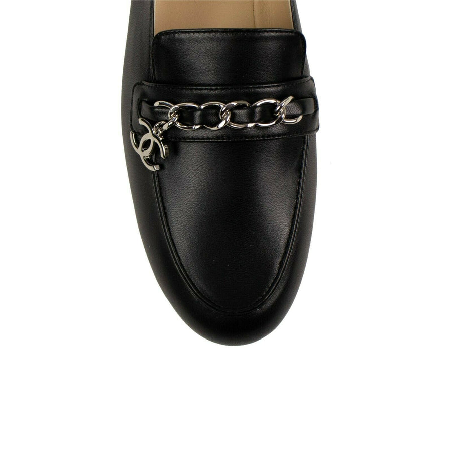 Chain Logo Lambskin Leather Loafers - Black