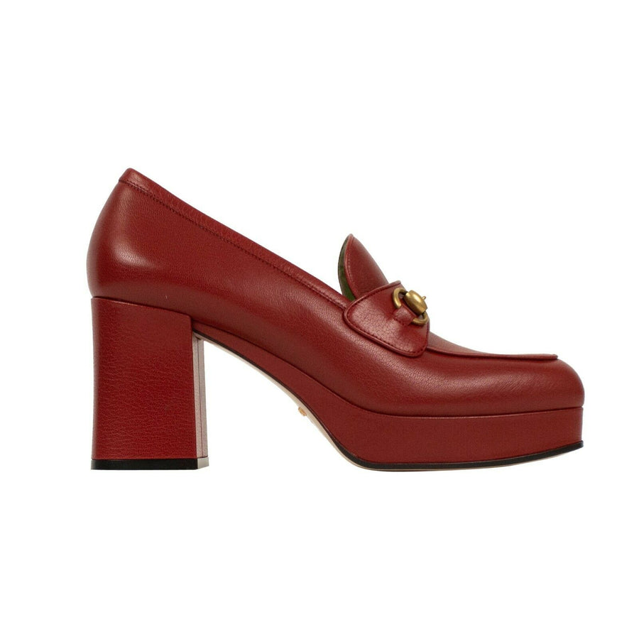 Leather Platform Horsebit Loafer Pumps - Red