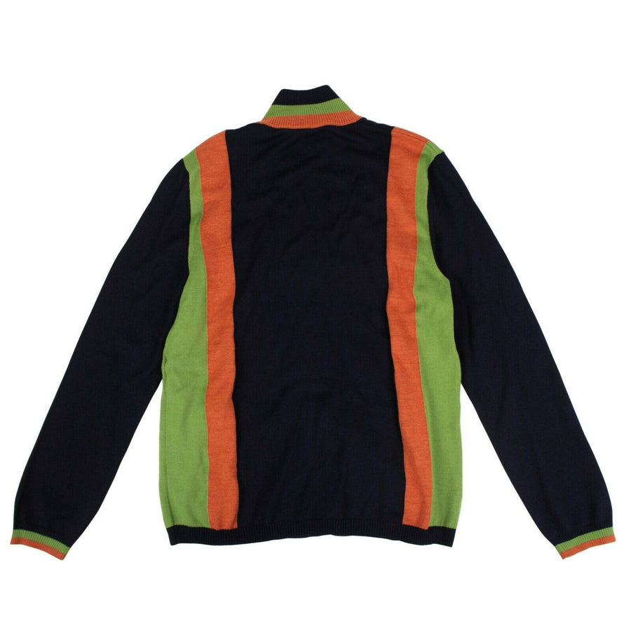 Wool Knit With Patches Striped Bomber Jacket - Navy Blue