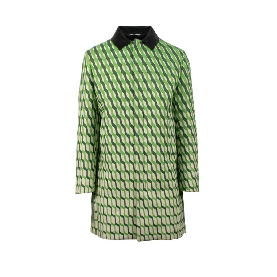 Printed Stripes Leather Collar Wool Coat - Green