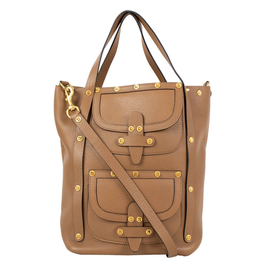 Double Pocket Rockstud Leather Tote Bag - Brown