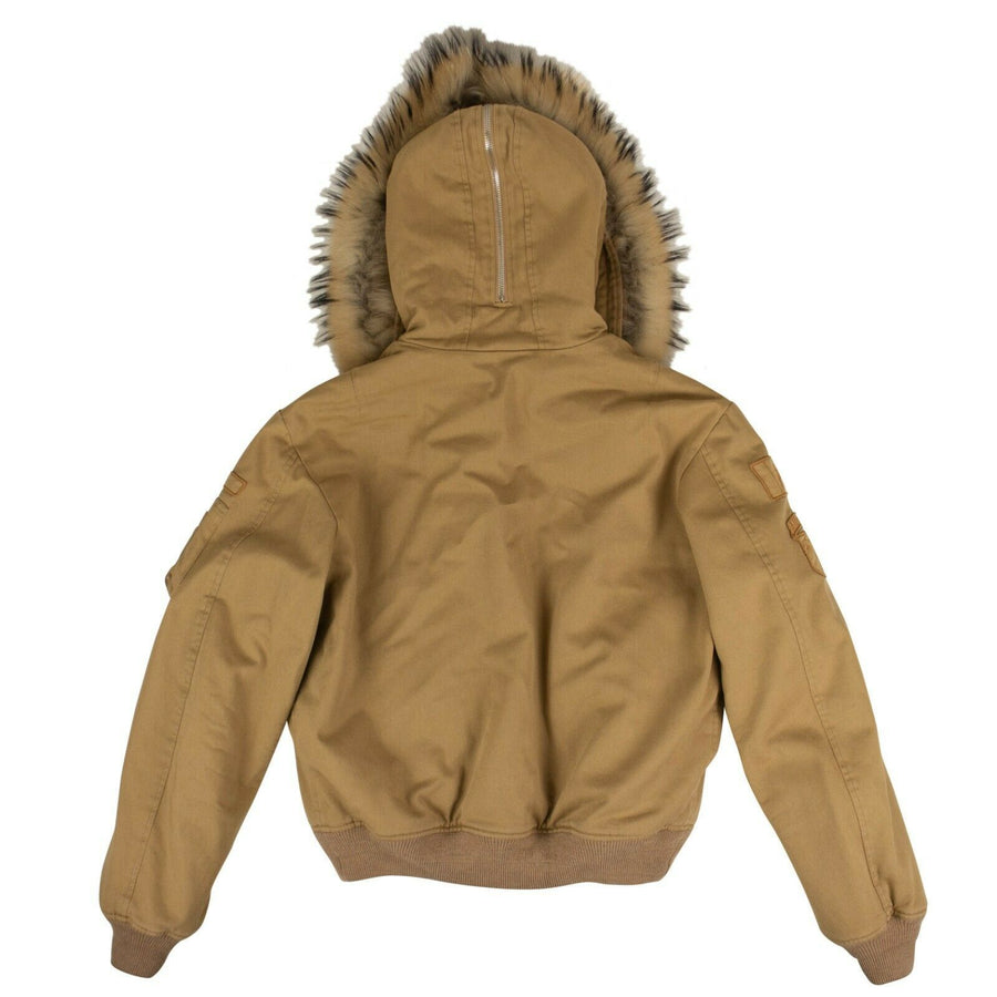 Cotton Faux Fur Hood Bomber Jacket - Natural Brown