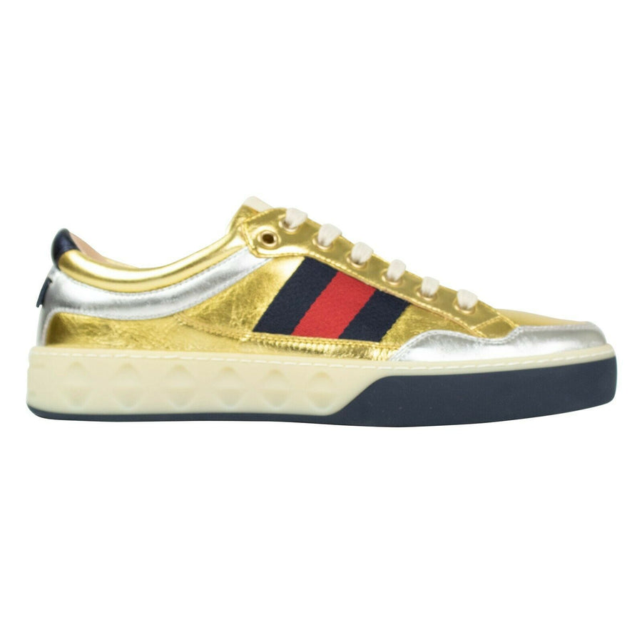 Men's Metallic Leather Lace Up Sneakers - Gold / Silver