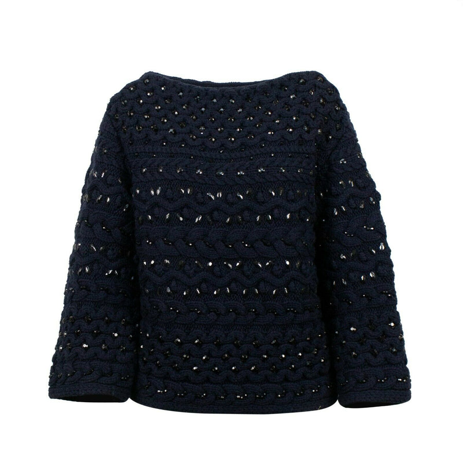 Embellished Beaded Chunky Knit Sweater Top - Navy