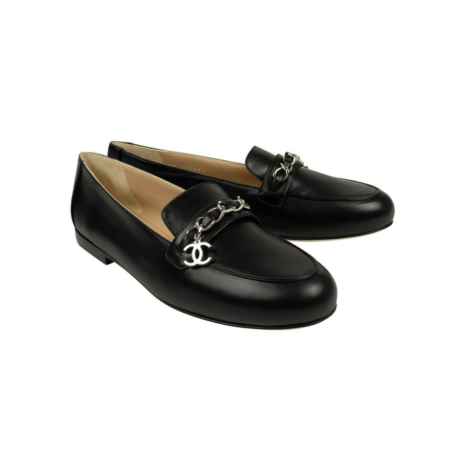 Chain Logo Lambskin Leather Loafers - Black