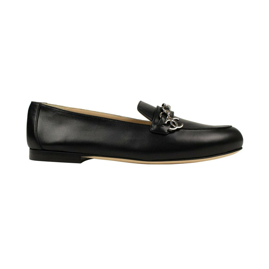 Chain Logo Lambskin Leather Loafers - Black