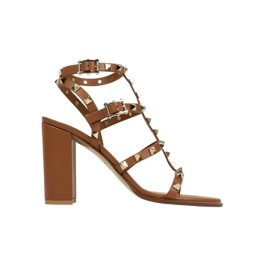 Leather 'Rockstud' Caged Sandal Heels - Brown