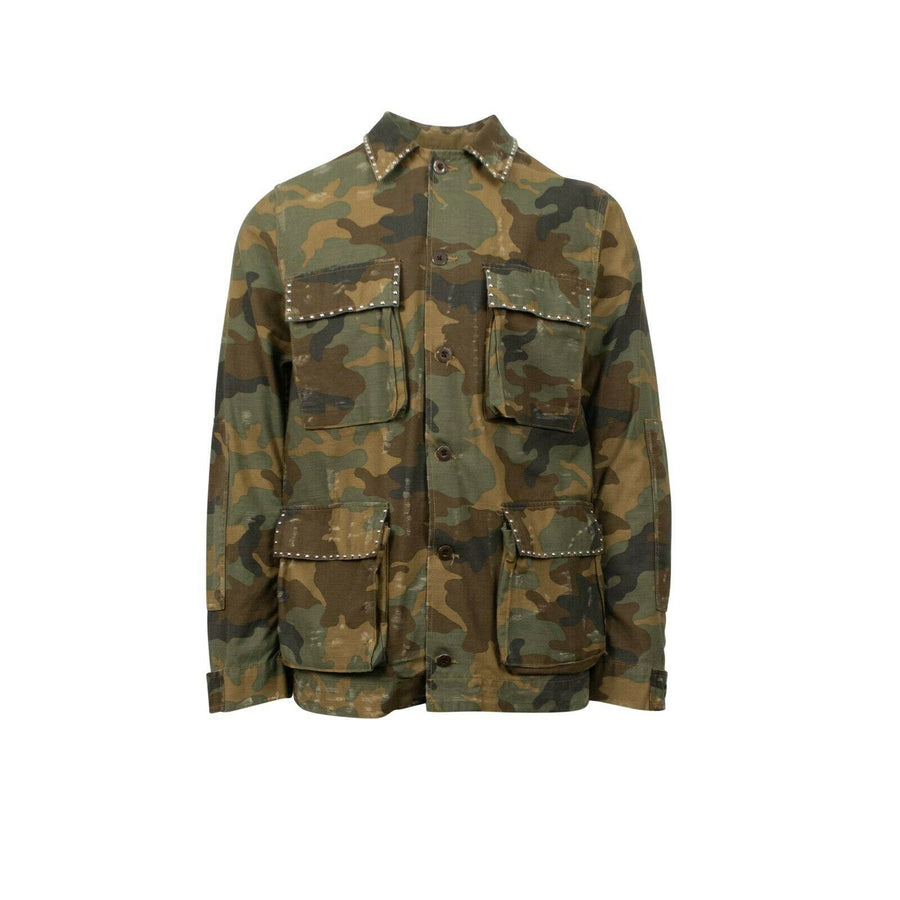 Camo Distressed Studded Button Down Military Jacket - Green