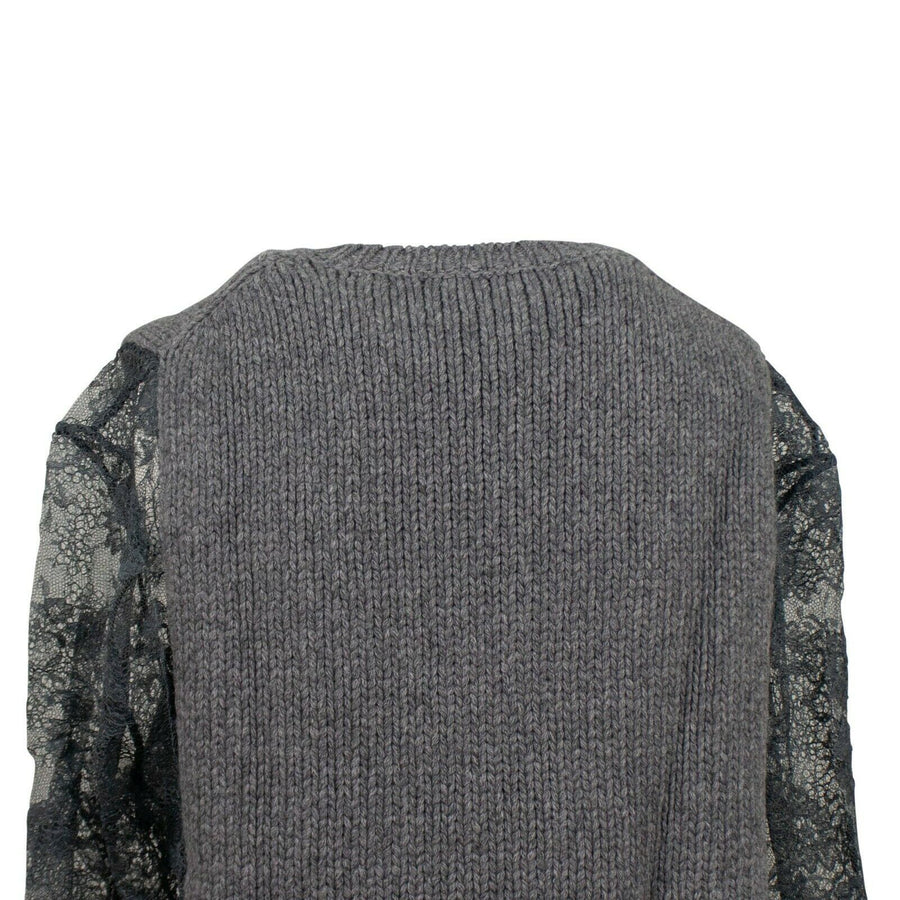 Chunky Knit With Lace Sleeves Sweater Top - Gray