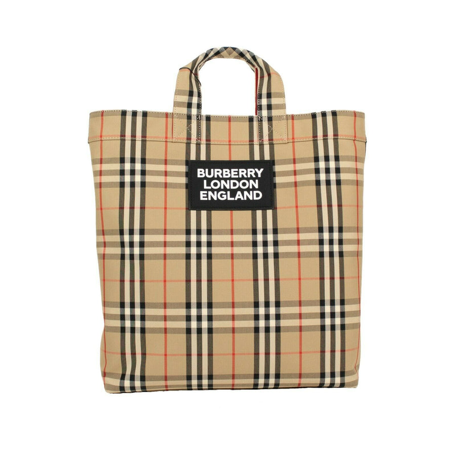 Vintage Check Cotton Logo Applique Tote Bag - Beige