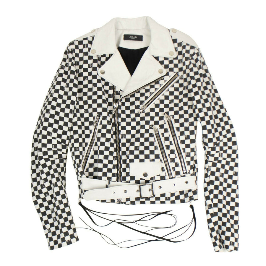 Checkered Denim Biker Jacket - Black / White