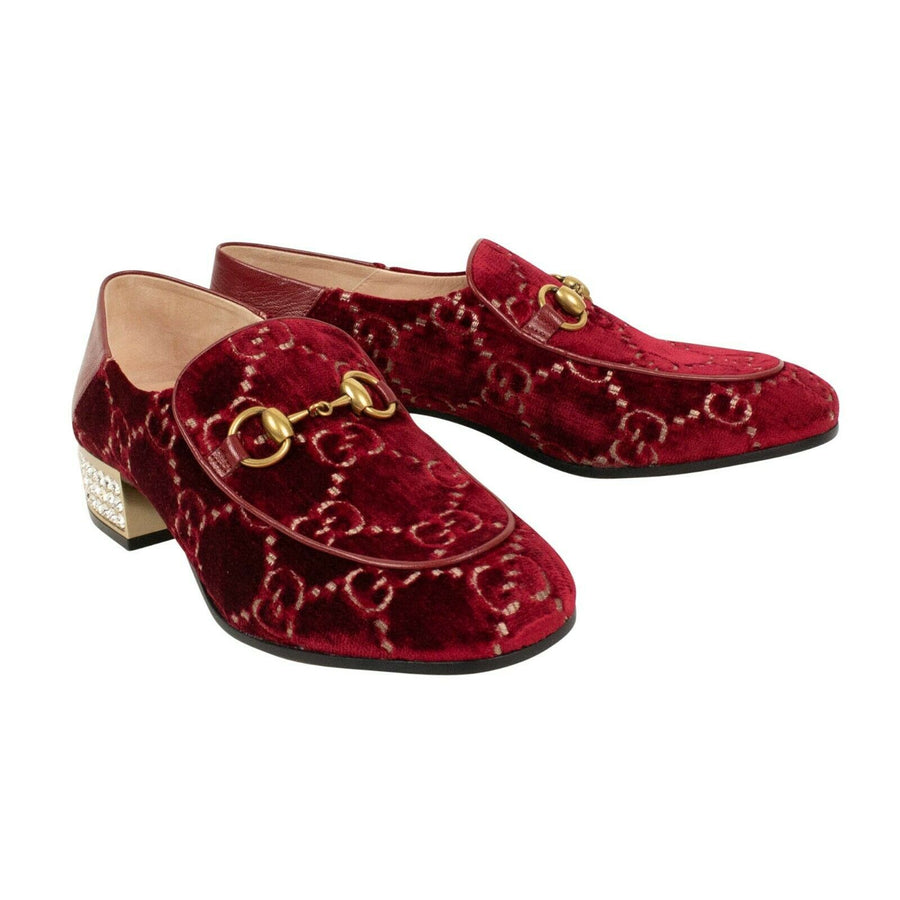 Women's Horsebit GG Velvet Crystal Heel Loafers - Red