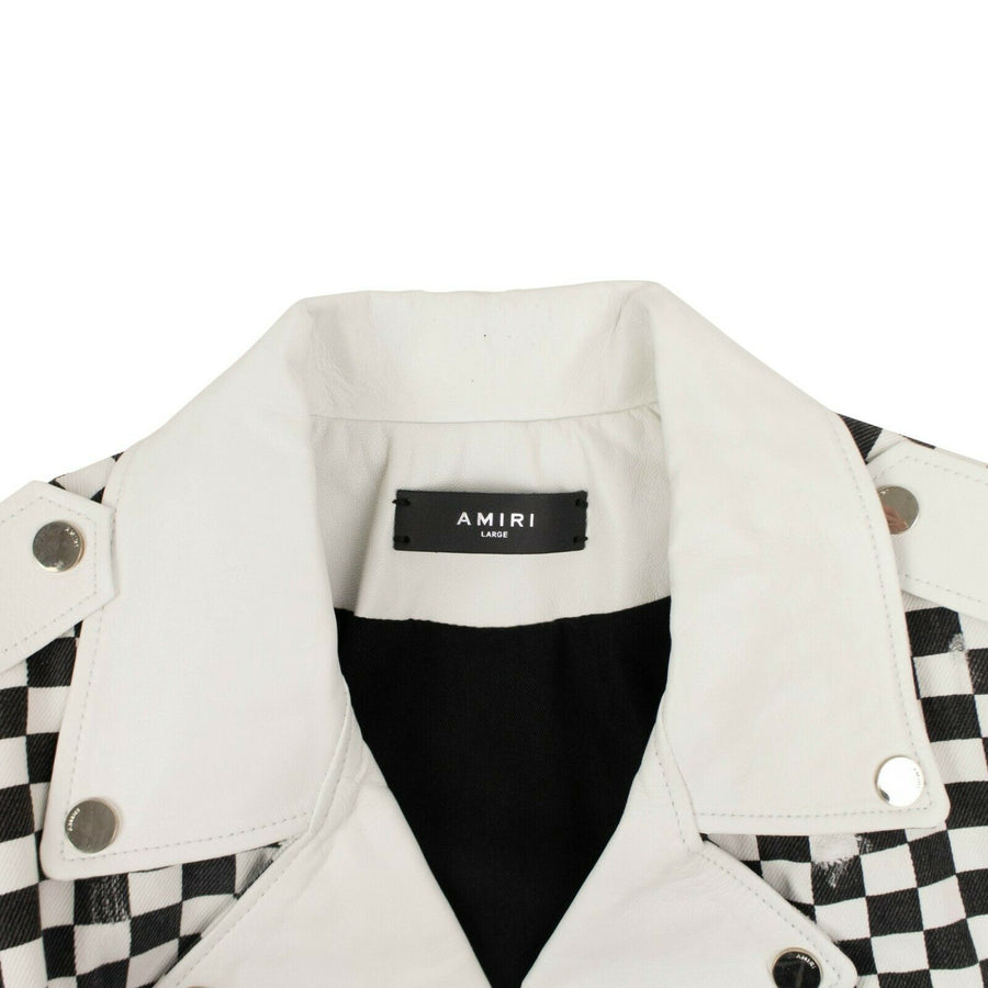 Checkered Denim Biker Jacket - Black / White