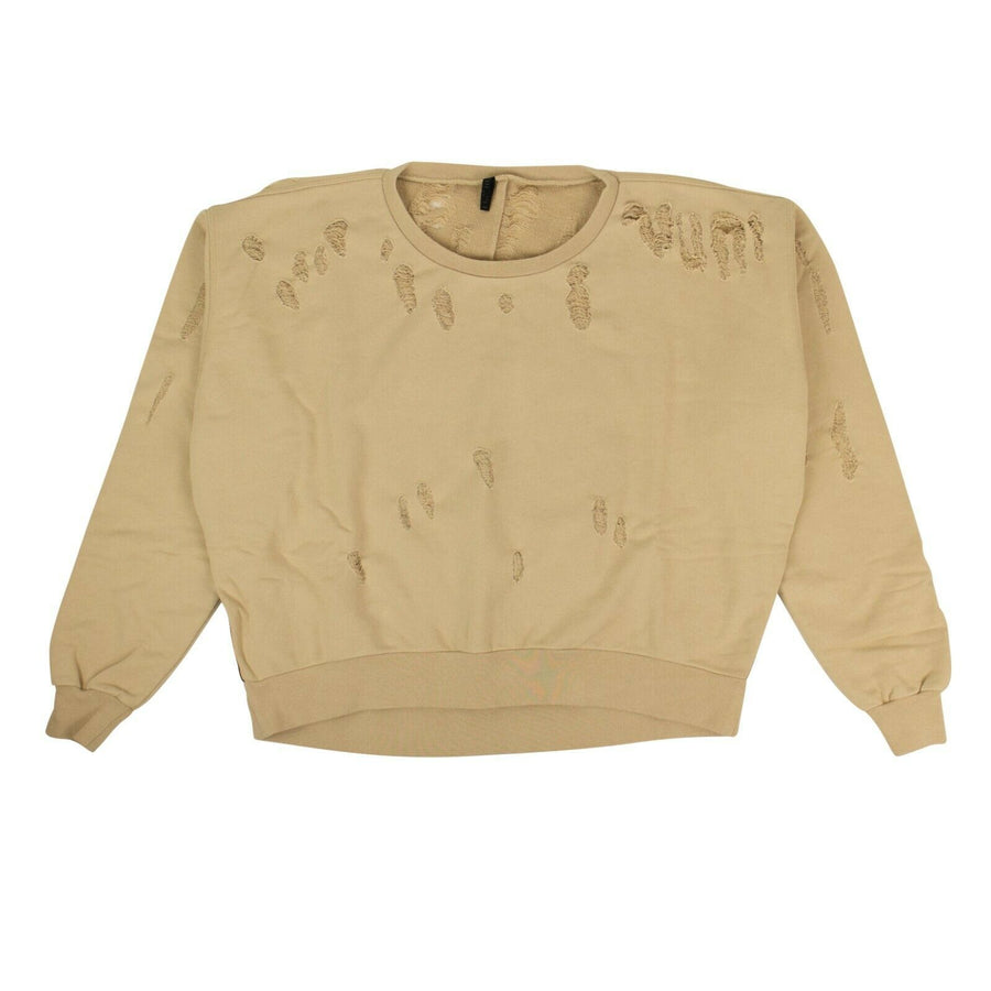 Cotton Distressed Crew-Neck Sweater - Tan